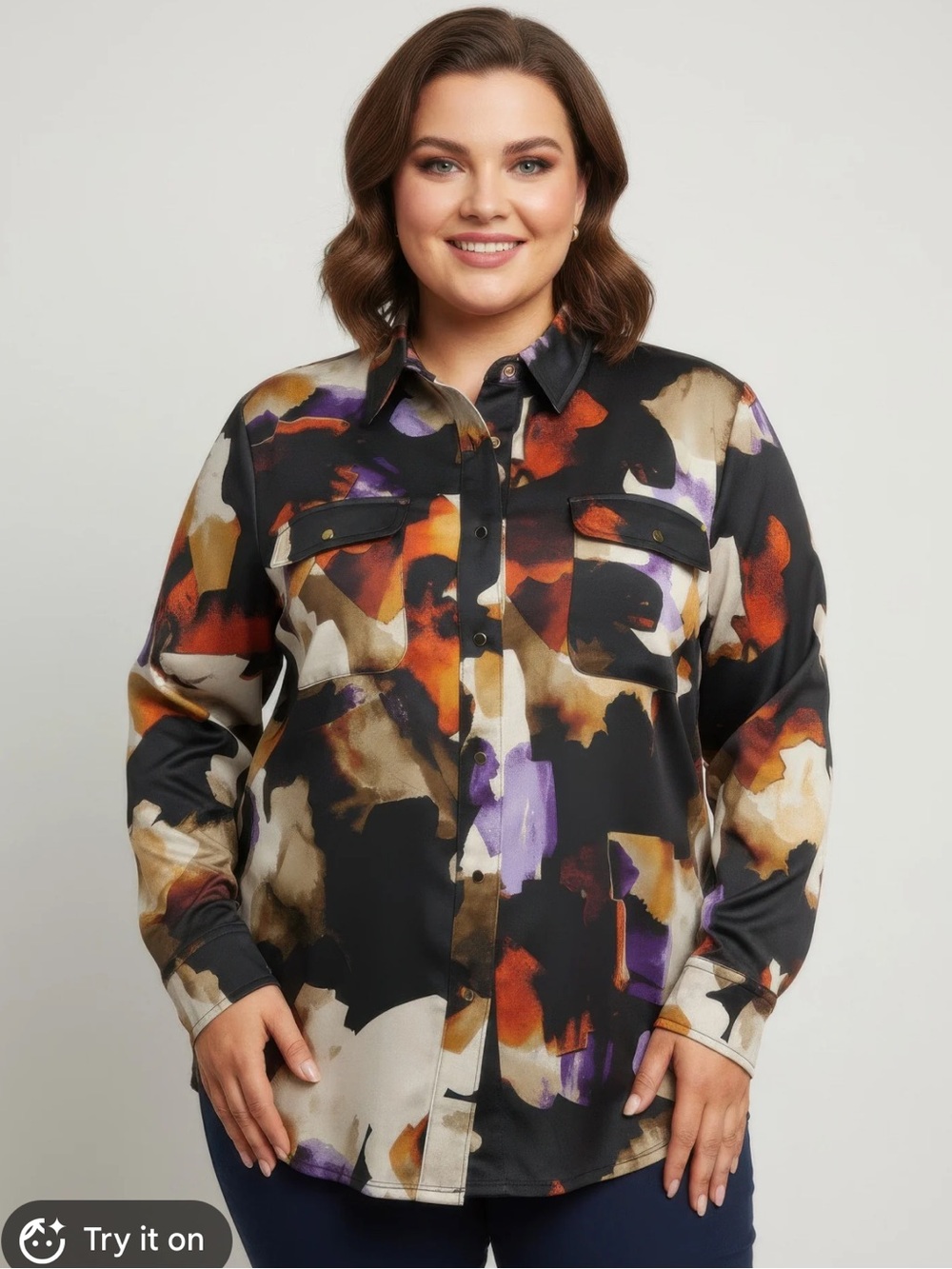 NWT Thomas & Olivia Plus Size Abstract Print Snap Up Shirt - Black/Multi 2X